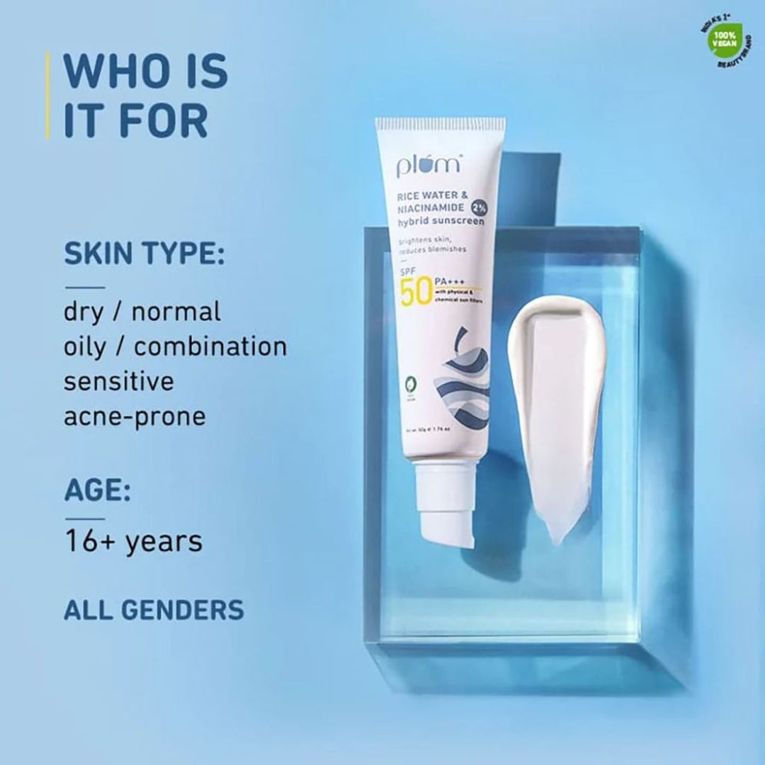 Plum 2% Niacinamide & Rice Water SPF 50 PA+++ Hybrid Sunscreen - 50ml