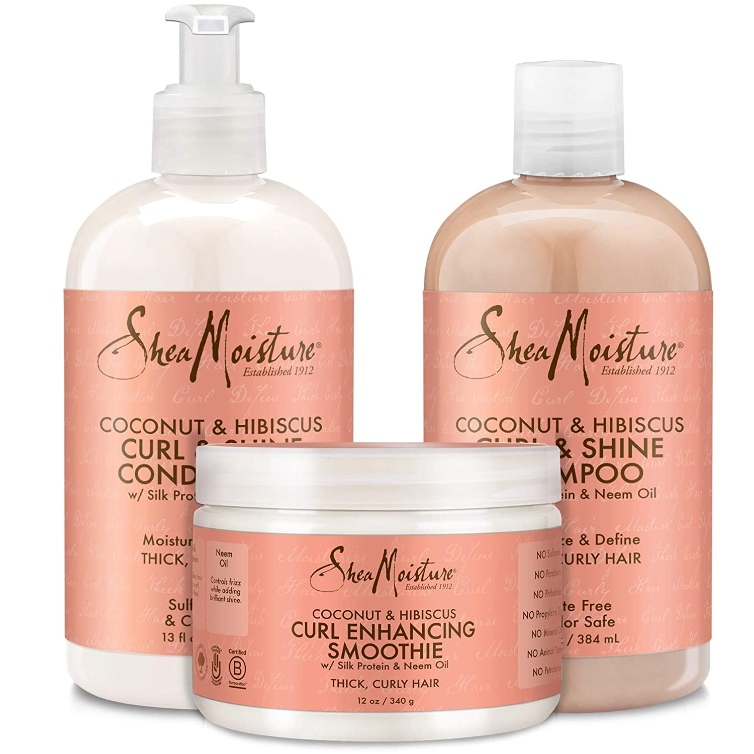 Shea Moisture Coconut & Hibiscus Curl & Shine Shampoo + Conditioner + Smoothie 13oz,13oz,12oz
